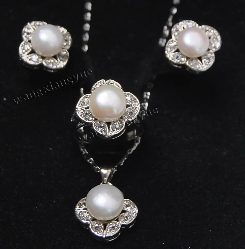 

Free Shipping >> White Akoya Cultured Pearl ring earrings necklace Pendant set AAA Grade