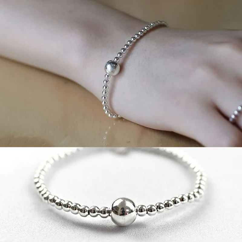 Authentic 925 Sterling Silver Jewelry 3mm and 8mm Round Beads Bracelets for Women Elastic Bracelet