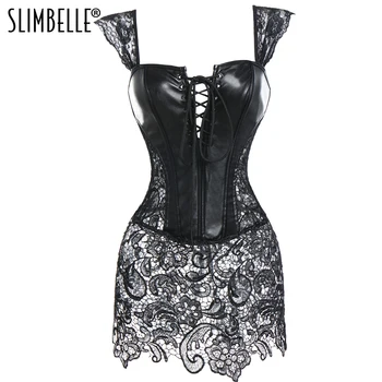 

Black Leather Steampunk Lace-up Corsets and Bustiers Burlesque Gothic Costume Lace Corset Dress Floral Overbust Bustier Dresses