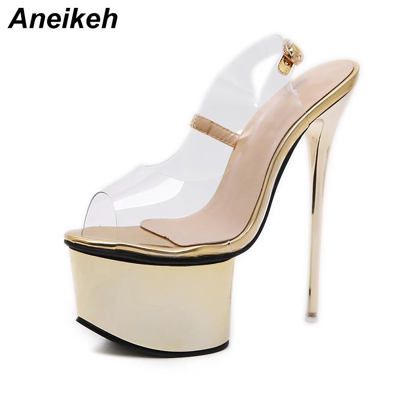 

Aneikeh Women Sandals Gladiator Party Ankle Strap PVC Transparent Concise Ultra Very High heel Pumps 16CM Fetish Sandals Shoes