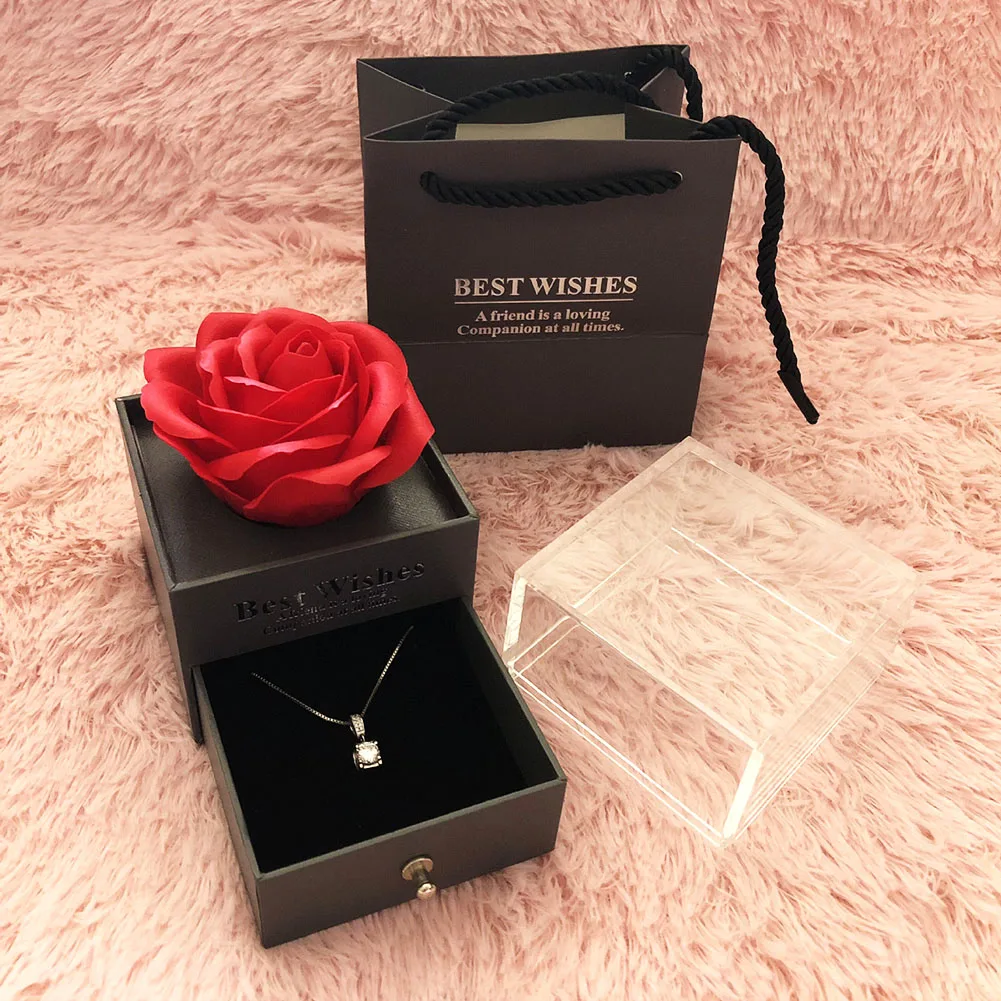 Искусственные розы, украшенный акриловый ящик для ожерелья, кольцо, шкатулка для украшений, украшение на День святого Валентина, свадебные украшения, Подарочная коробка Diy
