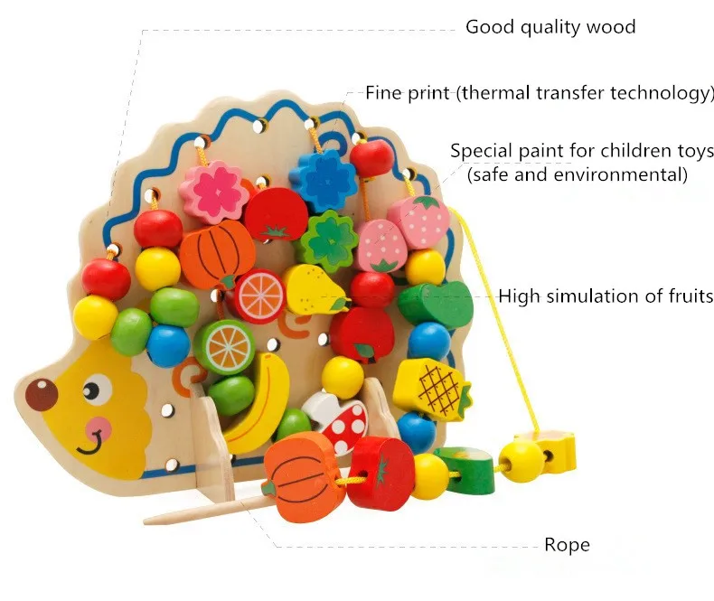 Деревянные игрушки Ежик фрукты резьба бусины ребенок мелкой моторики развития Монтессори развивающие блок игры подарок для детей