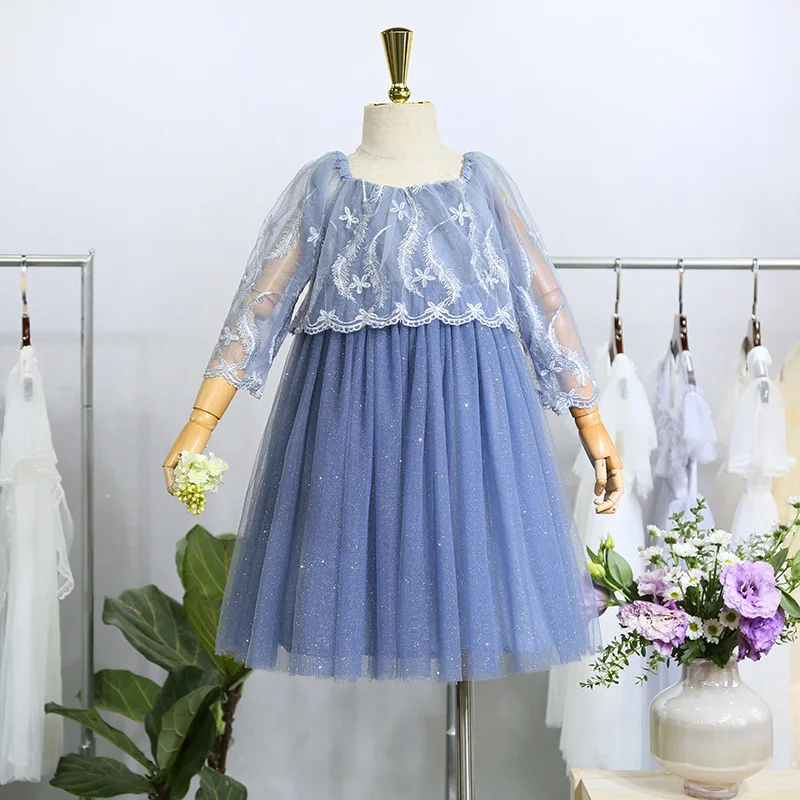 

Girls bright star dress 2019 spring new girls fashion embroidery feather shawl princess dress