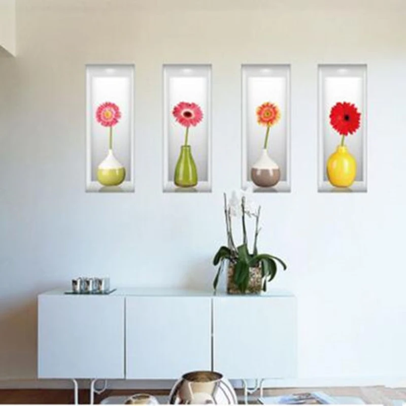 3D Wall Decals Flower Vase Floral Wall Stickers Bedroom Poster Picture Living Room DIY