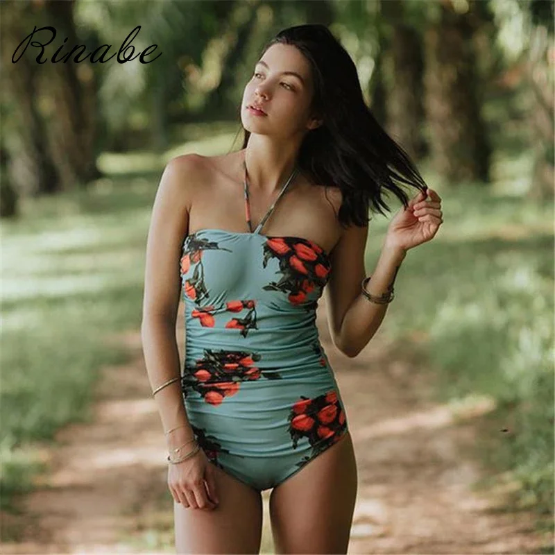 

Rinabe Sexy Bandeau Swimsuit Print Swimwear Female Bathing Suit Women Summer Bikini Halter Monokini Brazilian Biquini Beach Wear