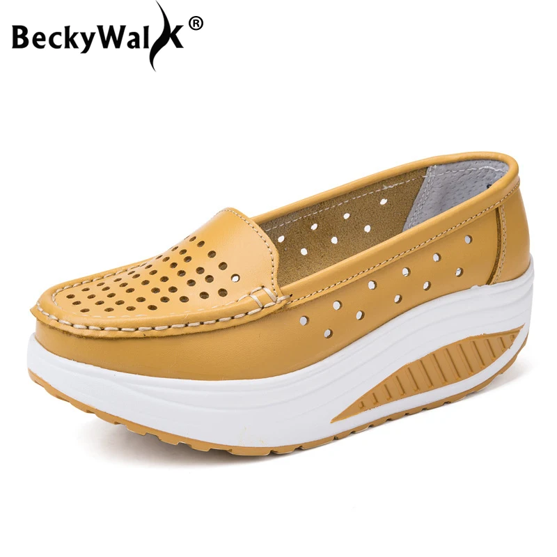 

2019 Spring Women Platform Shoes Thick Heel Casual Shoes Cutouts Breathable Women Slip On Flats Shoes Creepers Moccasins WSH3308