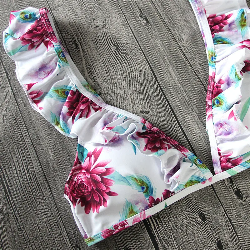 YCDKK 2017 bikini brazilian Women Swimsuit Ruffle Shoulder Bikini Set Pad Vest Bikini Low Waist Bandage Swimwear Flower Print YCDKK 2017 bikini brazilian Women Swimsuit Ruffle Shoulder Bikini Set Pad Vest Bikini Low Waist Bandage Swimwear Flower Print