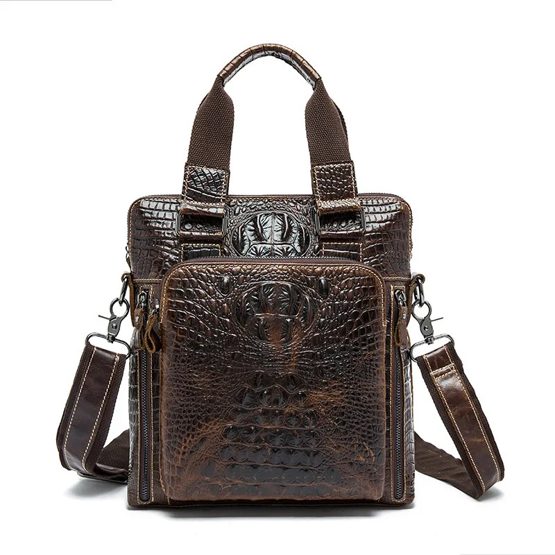 crocodile Genuine Leather Bag Men Bag Cowhide Men Crossbody Bags Men's Travel Shoulder Bags Tote ipad Briefcases Handbag - Цвет: Coffee