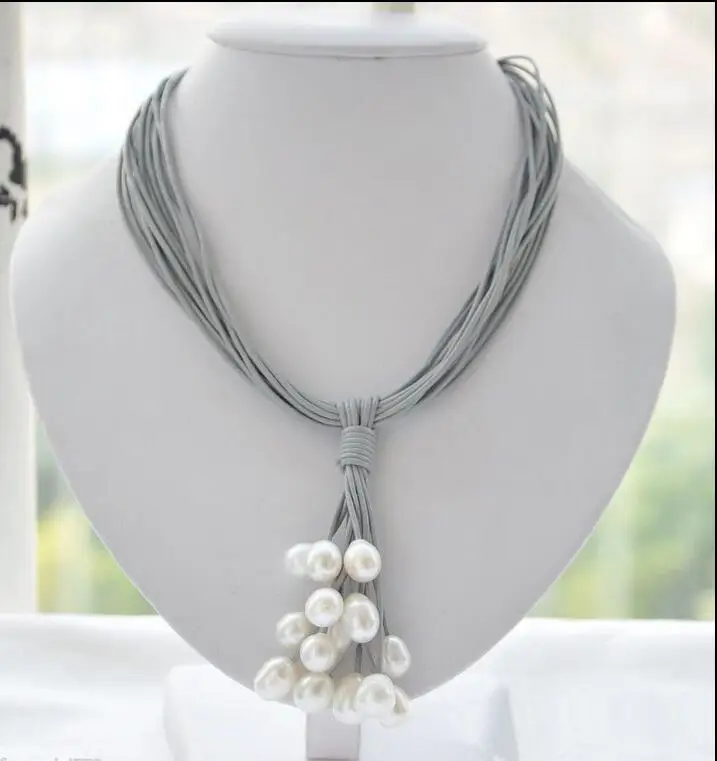 

Hot sale new Style >>>>>15 ROW 17" 13MM WHITE RICE PEARL GRAY LEATHER GRAPE NECKLACE