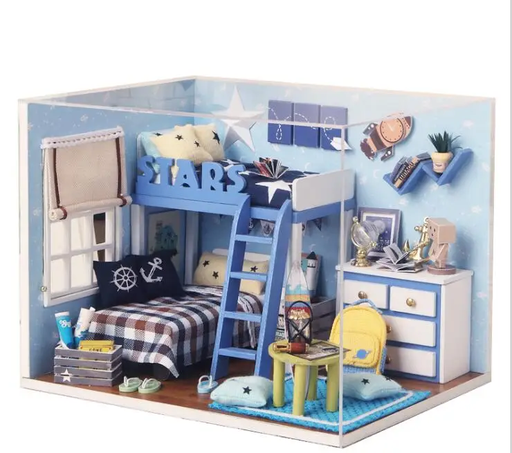 

DIY Doll House Wooden Doll Houses 3D Miniature dollhouse Furniture Kit Toys blue star children birthday Christmas Gift hot sale