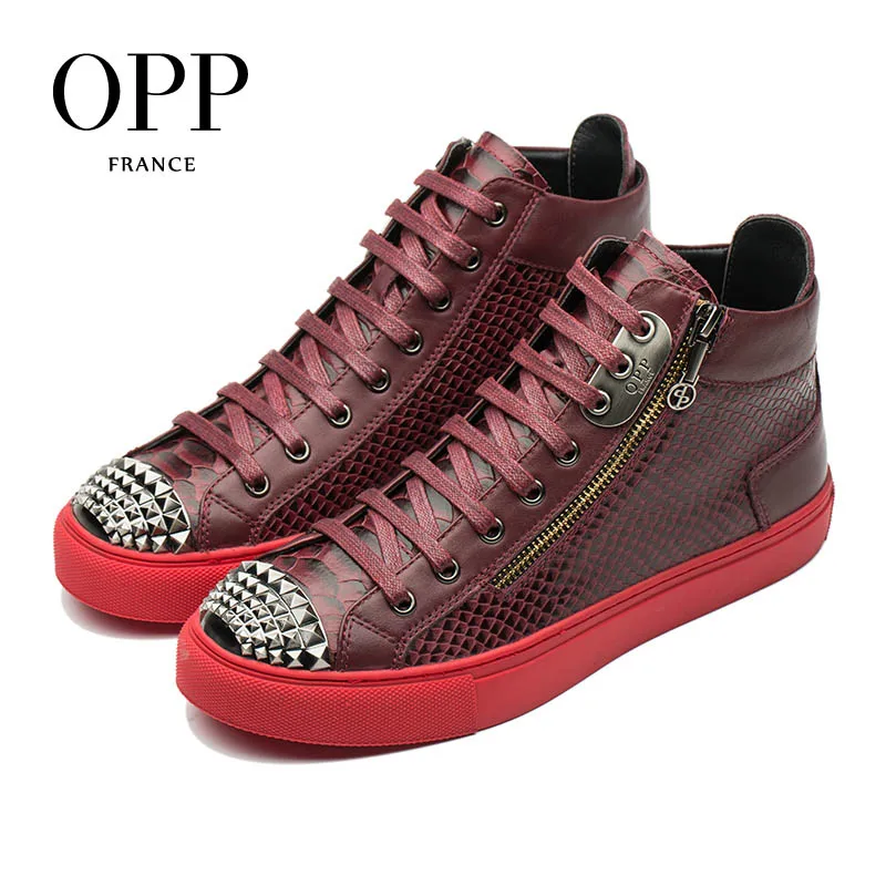 

OPP Punk Men Shoes Metal Rivet Shoes Men Hop Hip High Top Men Snakeskin Boots Genuine Leather Zipper Shoes Ankle Boots For Men