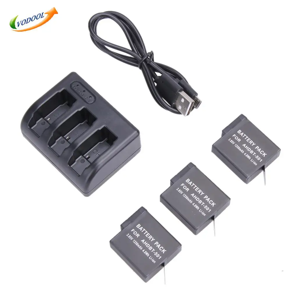 

3Pcs 1220mAh Li-ion Battery Go Pro Hero 5 AHDBT-501 AHDBT501 Bateria Akku + 3 Slot USB Charger for GoPro 5 Hero5 AHDBT 501