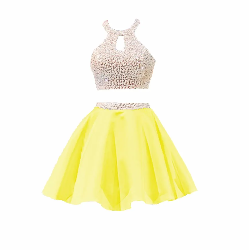 2017 Two piece Homecoming Dresses Short Halter Yellow Open Back Royal ...