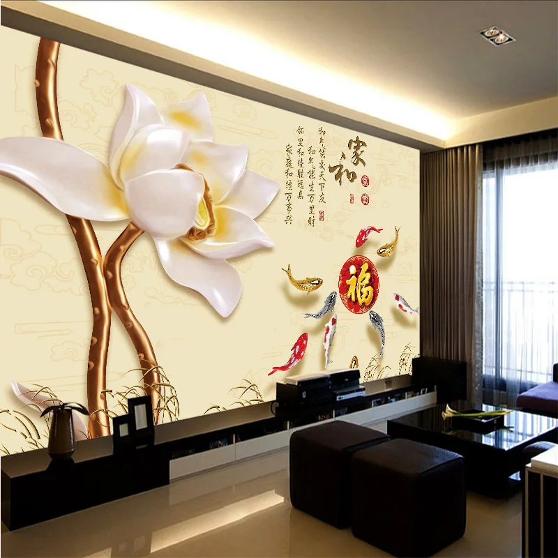 

Factory price Customized wallpaper mural lotus pattern scenery with jade carving behind sofa as background livingroom