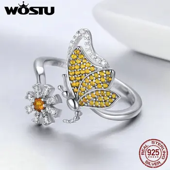 

WOSTU High Quality Real 925 Sterling Silver Butterfly&Daisy Flower Yellow CZ Adjustable Open Rings For Women Jewelry BKR354