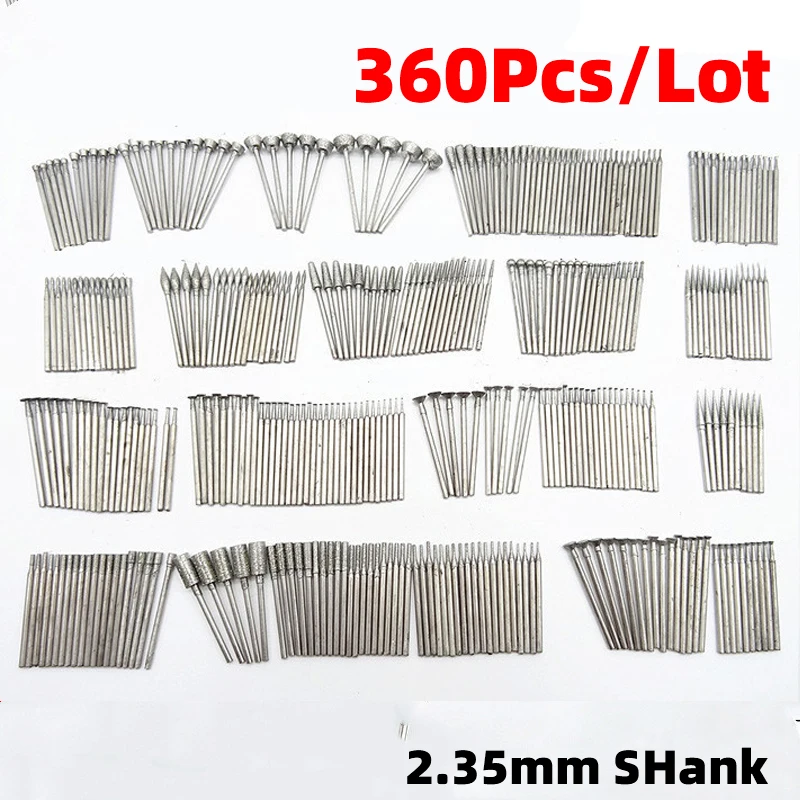 

360Pcs 2.35mm Shank Suit Jade Carving Needle Grinding Diamond Tool Tools Handle Drill Carved Engraving Abrasive Tips Coated