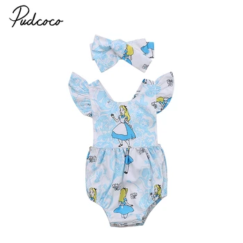 

Cute Newborn Baby Girl Cartoon Romper Ruffles Back Cross Halter Jumpsuit Headband 2PCS Outfit Princess Girls Sunsuit