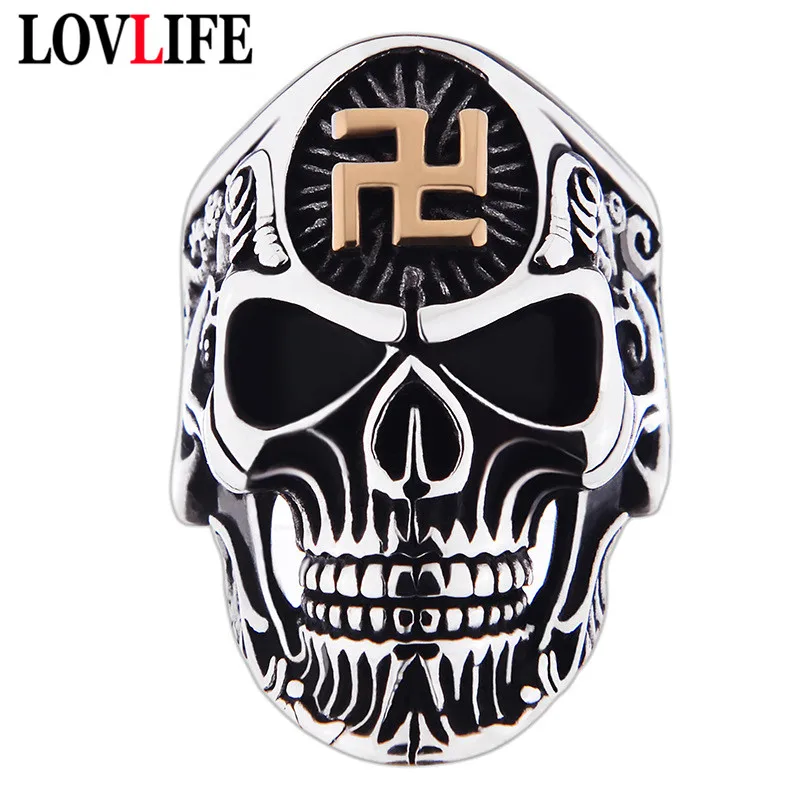 

Men Gold Color Buddhism Swastika Skull Rings Punk Rock Hip Hop Vintage Alloy Black Silver Male Ghost Head Ring Skeleton Rings