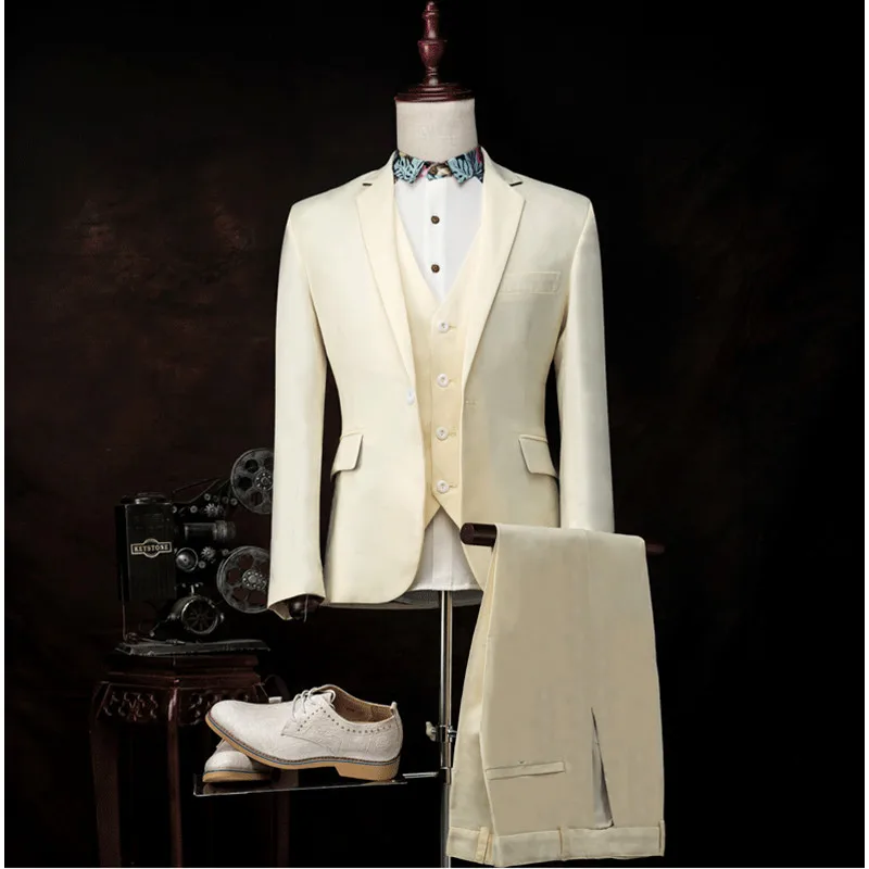 255 Fashion Brand Men Suits Jacket Pants Vest 3 Piece Slim Balzer Beige Prom Wedding Groom Singer Stage Clothing