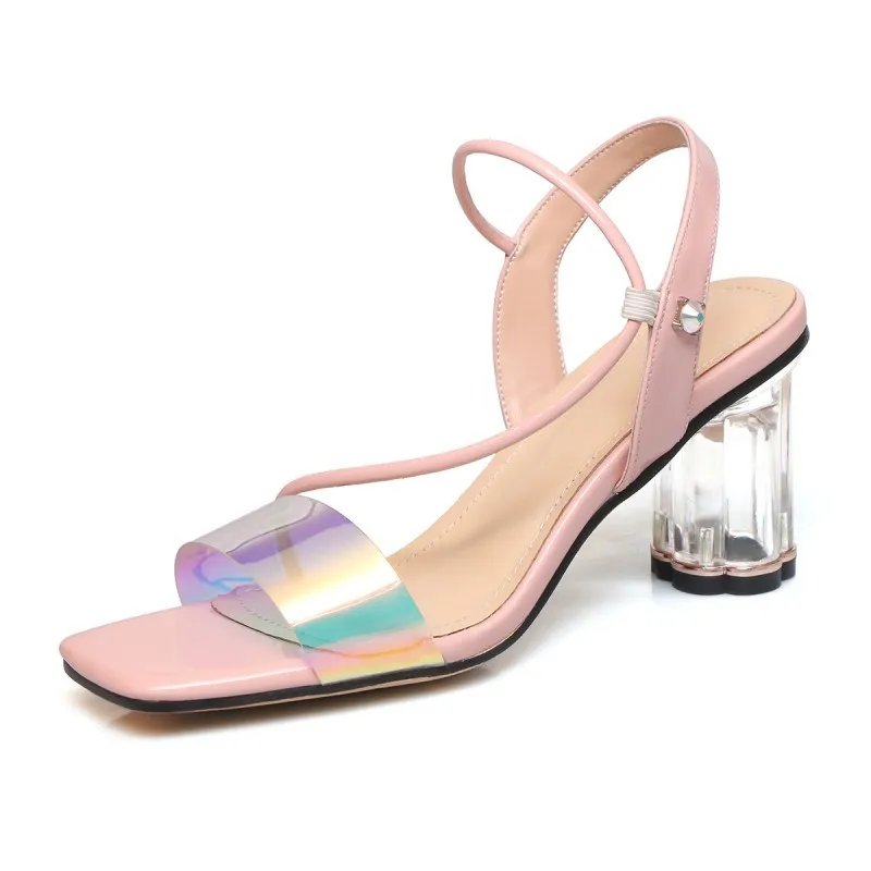 

Carole Levy 2019 Square Toe Women's Shoes Summer Clear Crystal Heels Lady Pumps Outside Beach Party Sandals Female Fashion Shoes
