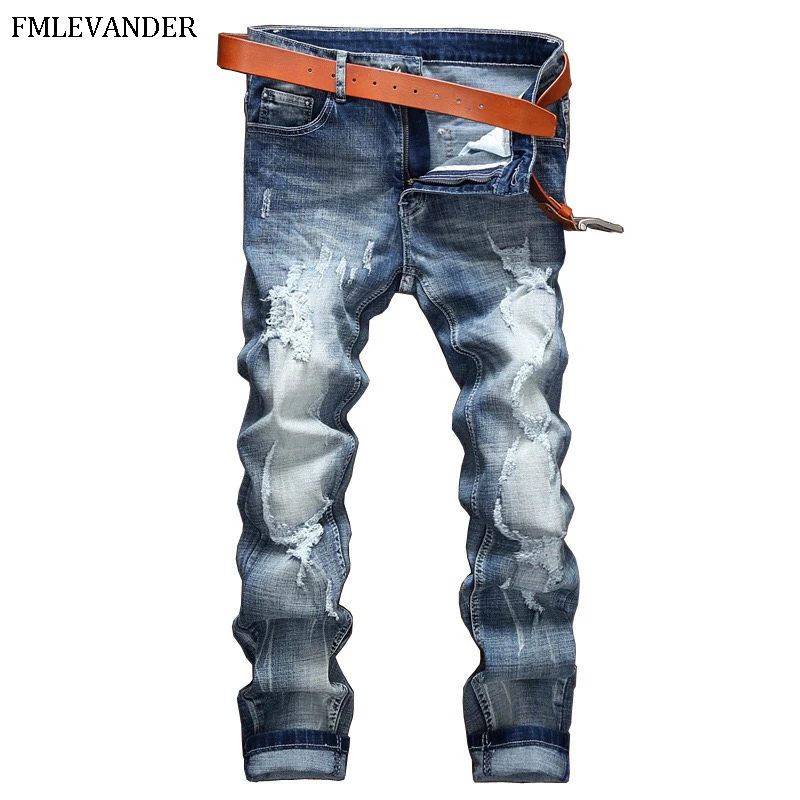 Галстук высокого качества-окрашенные джинсовые байкерские джинсы для Для мужчин Ретро прямые узкие штаны джинсы