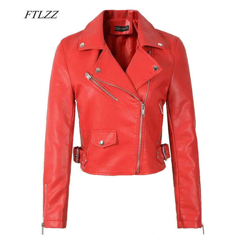 FTLZZ Women Autumn Pu Faux Soft Leather Motorcycle Zipper Jacket Coat Female Turndown Collar Slim Biker Coats Basic Streetwear