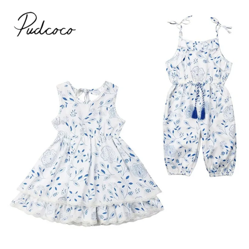 

2019 Baby Summer Clothing Sister Matching Sets Toddler Kid Baby Girl Floral Ruffles Sleeveless Romper / Dress Spaghetti Outfit