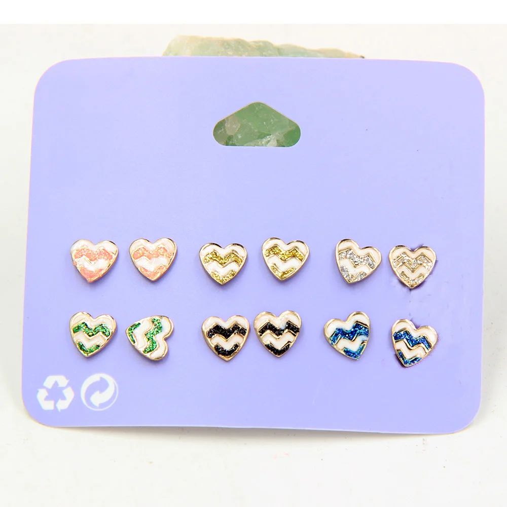 

6 Colors Set Mini Iridescent Glitter Druzy Drusy Enameled Stud Earrings 8MM Colorful Heart