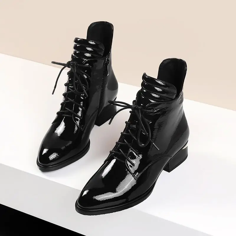 ALLBITEFO/Брендовые женские ботинки из натуральной кожи на толстом каблуке; Модные ботильоны на высоком каблуке; женские зимние мотоботы; женская обувь - Цвет: Черный