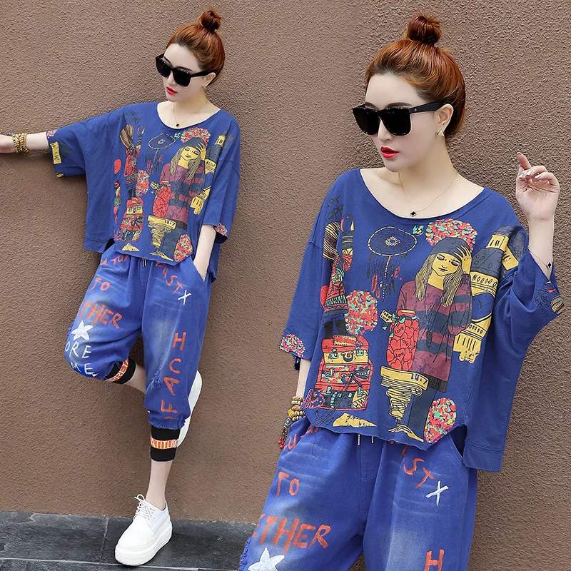 

Fashion Korean Tracksuits Ladies Summer Letter Cartoon Printed T-shirt Tops and Harem Capri Pants 2 Piece Set Party Punk Outfits