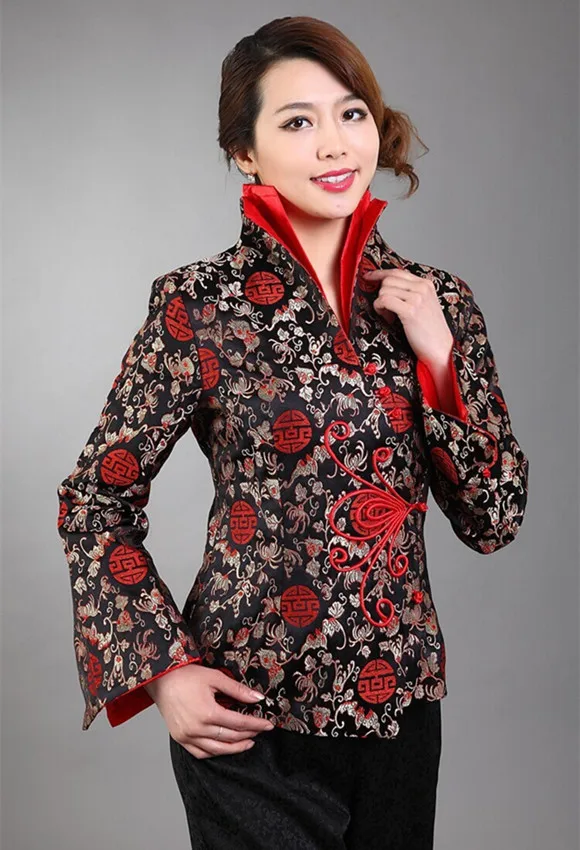 Hot Sale Black Traditional Chinese Women's Silk Satin Jacket Coat