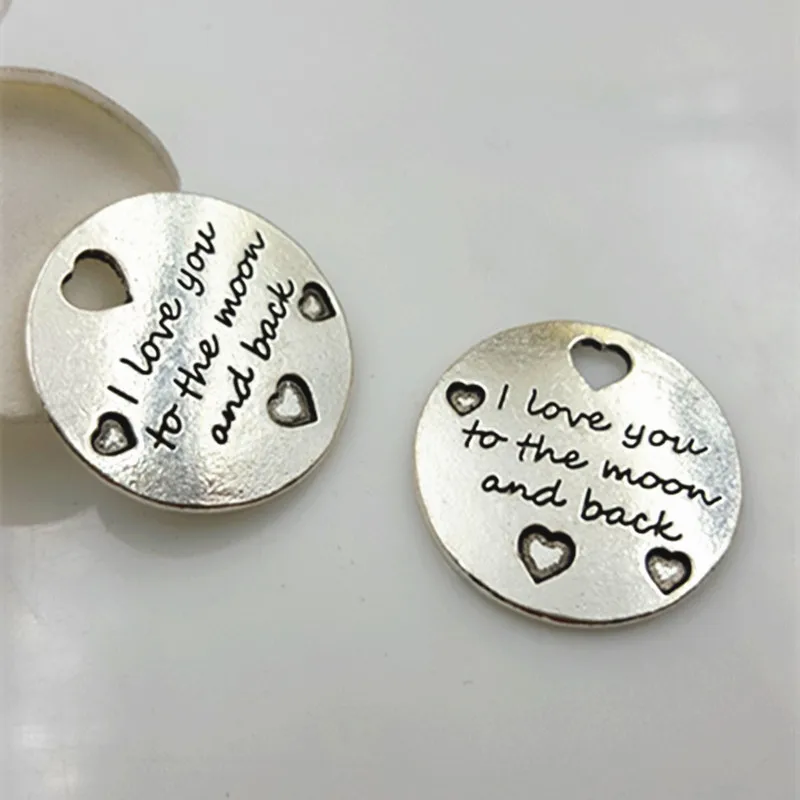 

5pcs/lot Antique Silver Plated Charm Round Charm Lettering i love you to the moon and Back Charms Pendants For Necklace Bracelet