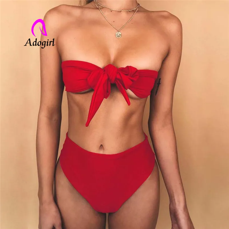

Adogirl bow knot strapless women swim suits sexy slash neck two piece suits tube top bra+short pants beach suits summer lady set