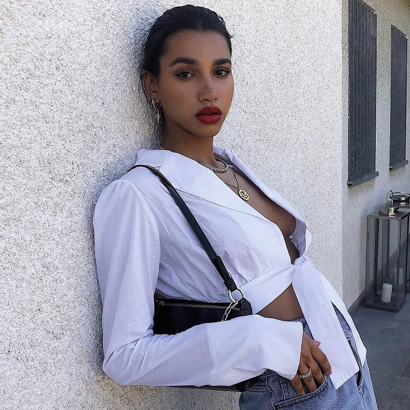 Fitshinling 2019 Autumn Fashion Woman Blouses Shirts Bow Tie Sexy White Blouse Long Sleeve Slim Blusas Shirt Female Crop Top New