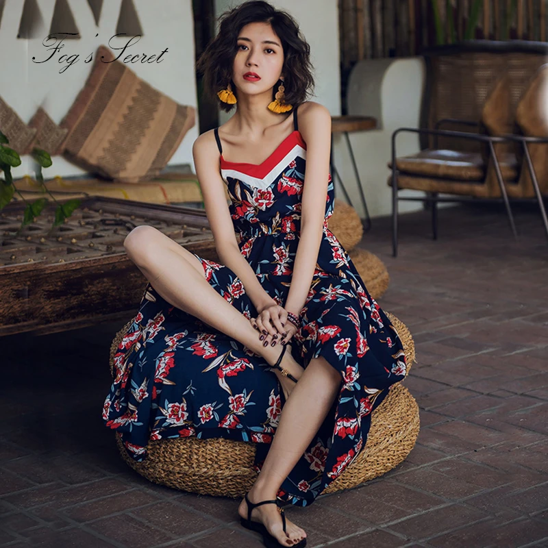 Us 1988 30 Off2019 V Neck Flower Long Dress For Women Girl Casual Beach Holiday Dresses For Female Summer Thin Thai Style Strap Dress In Dresses