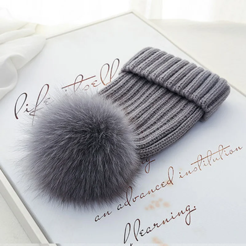 Real Fur Hat Knitted Real fox hair bulb Pom Pom Hat Women Winter Hat Unisex Kids Warm with wool Chunky Thick Stretchy Knit hat