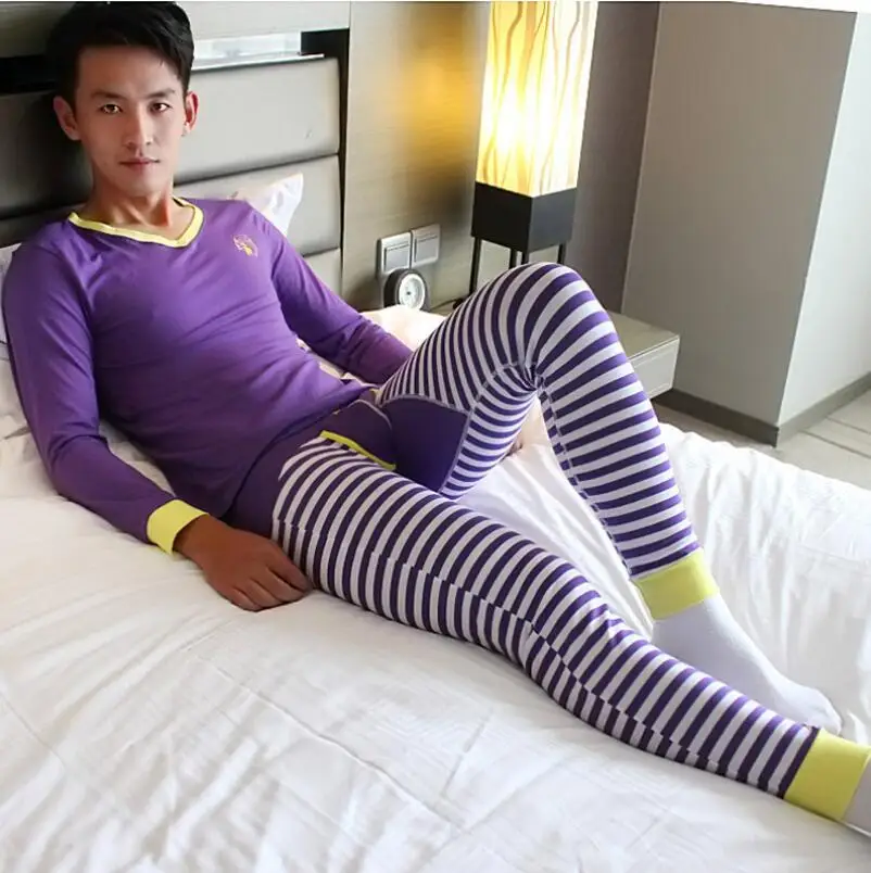 1 комплект(топы и штаны), мужское теплое термобелье с v-образным вырезом, хлопок, кальсоны, Брендовое Спортивное нижнее белье - Цвет: purple
