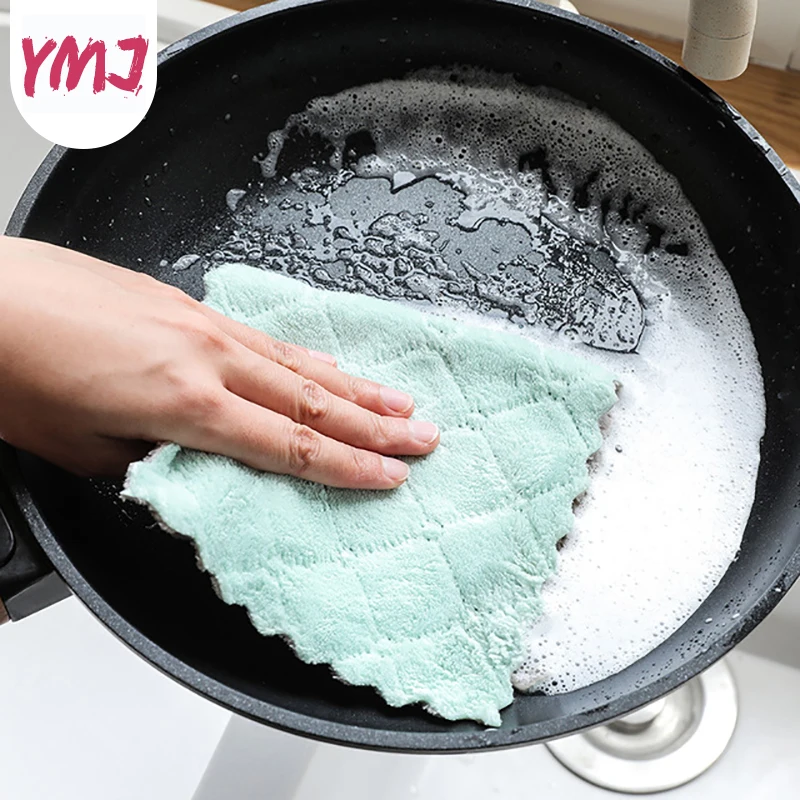 

Kitchen Cleaning Rag Strong Absorbent Scouring Cloth Microfiber Double Layer Thick Soft Absorbent Sponge Cleaning Bowl Efficient