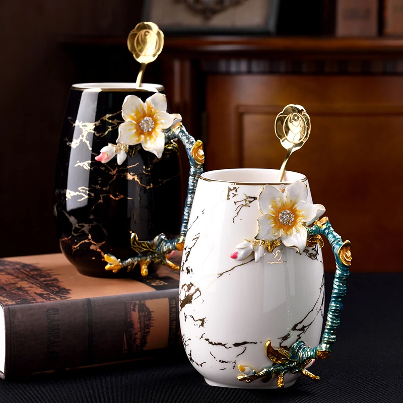 Костяной фарфор кофейная чашка молочные кружки креативная эмалированная Кружка цветочный чай кофейная чашка с ложкой подарок на день рождения свадьбу Бытовая Посуда для напитков