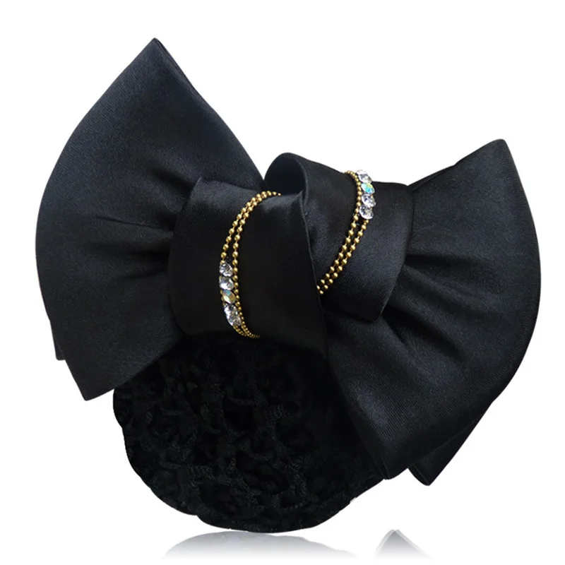 2018 Women Satin Bow Rhinestone Chain Hair Bun Net Barrette Office