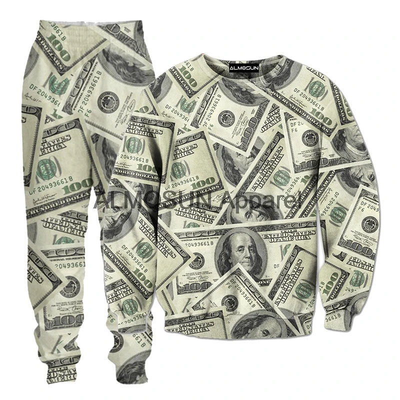 

ALMOSUN US Dollar 3D All Over Print Tracksuits Sweatshirts Hipster Casual Drawstring Casual Pants Women Men Unisex