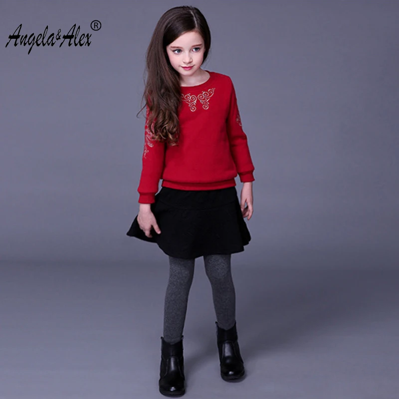 

Angela&Alex Winter Autumn Girls Children Emboridery Clothing Set 2 Piece Pullover+Skirt Trousers Fleece Thickening Warm Outwear