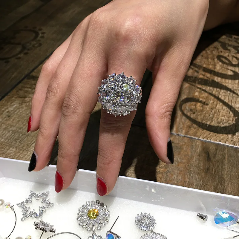 Роскошные ювелирные изделия, 3ct, твердые, Роскошные, 925 серебро, большие, белые, 5А CZ, имитация камней, обручальное кольцо, цветок, кольцо для любимой, подарок