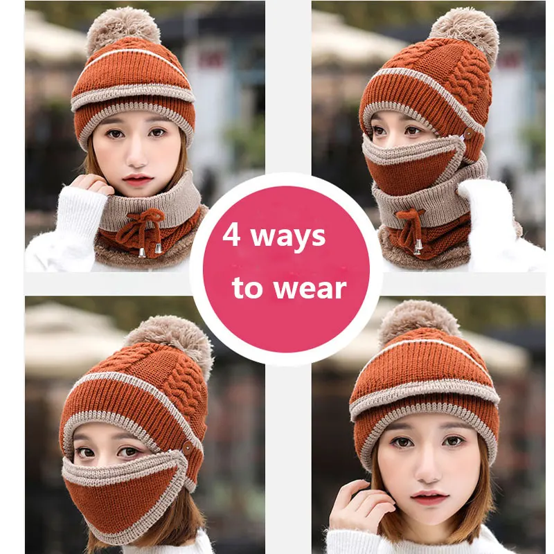                         beanie women winter hats for women skullies beanies for ladies winter beanie hat solid pink black hat scarf set hat neck warmer mask (3)