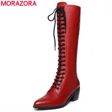 MORAZORA/ Новая натуральная кожа колено высокие сапоги Женская мода на шнуровке квадратный Обувь на высоком каблуке с острым носком; зимние ботинки для женщин