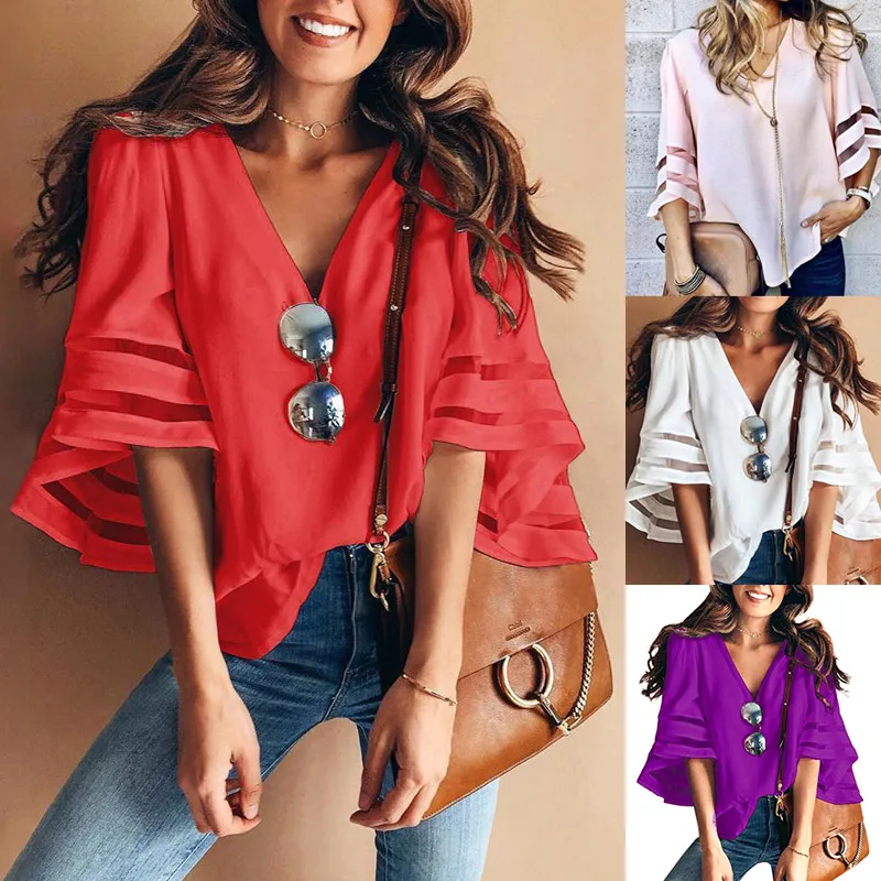 

High Quality Women Casual V-Neck 3/4 Bell Sleeve Mesh Panel Loose Blouse Tops Shirt for Summer NCM99