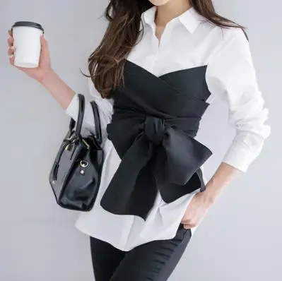 Летняя корейская модная рубашка с галстуком, женская блузка с черным бантом, белая рубашка с длинным рукавом, OL, Женская Офисная рубашка размера плюс, женские топы - Цвет: Белый