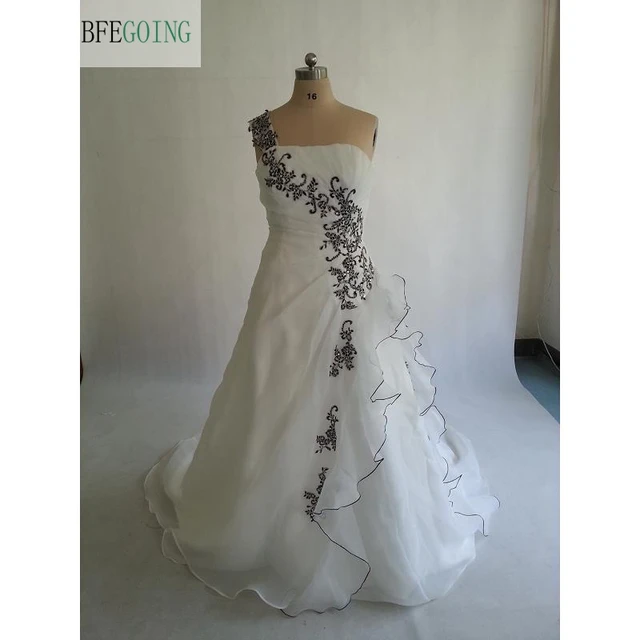 organza blanco negro apliques a line vestido de novia corte tren sin