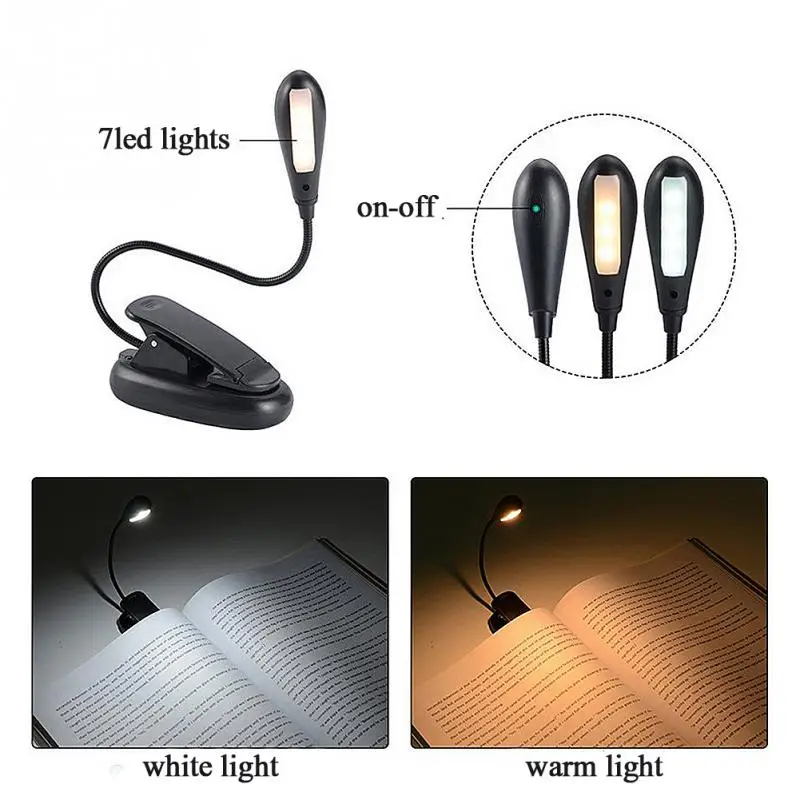  7 LED Clip Type Reading Lamp with USB Rechargeable Double Light reading bedside Colors Eye Care Bri - 32874893069
