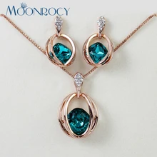 MOONROCY кубический цирконий Розовое золото Цвет Синий австрийский кристалл ожерелье и серьги набор украшений для женщин подарок